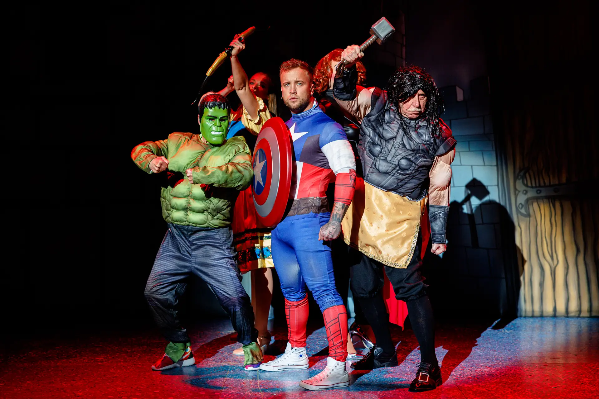 A scene depicting the Avengers in the pantomime Jack and the Beanstalk at the Marina Theatre in Lowestoft. Captured by theatre photography specialist, Fourth Wall Photography.